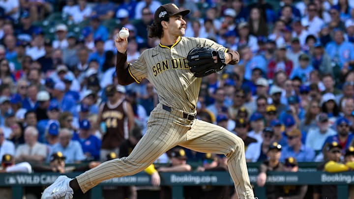 Oct 1, 2025; Chicago, Illinois, USA; San Diego Padres starting pitcher Dylan Cease (84) delivers a pitch against the Chicago Cubs in the first inning during game two of the Wildcard round for the 2025 MLB playoffs at Wrigley Field.