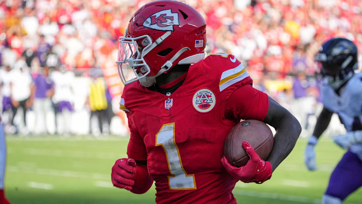 Sep 28, 2025; Kansas City, Missouri, USA; Kansas City Chiefs wide receiver Xavier Worthy (1) runs the ball against the Baltimore Ravens during the game at GEHA Field at Arrowhead Stadium. Mandatory Credit: Denny Medley-Imagn Images Sep 28, 2025; Kansas City, Missouri, USA; Kansas City Chiefs wide receiver Xavier Worthy (1) runs the ball against the Baltimore Ravens during the game at GEHA Field at Arrowhead Stadium. Mandatory Credit: Denny Medley-Imagn Images