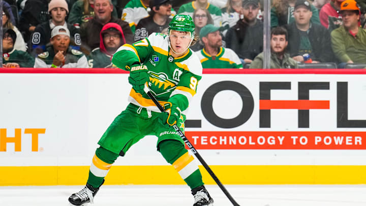 Nov 3, 2024; Saint Paul, Minnesota, USA; Minnesota Wild left wing Kirill Kaprizov (97) passes during the second period against the Toronto Maple Leafs at Xcel Energy Center. Mandatory Credit: Brace Hemmelgarn-Imagn Images