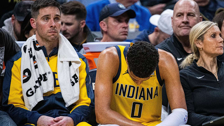 Nov 15, 2024; Indianapolis, Indiana, USA; Indiana Pacers guard Tyrese Haliburton (0) reacts in the second half against the Miami Heat at Gainbridge Fieldhouse. Mandatory Credit: Trevor Ruszkowski-Imagn Images
