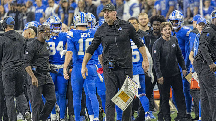 Jan 18, 2025; Detroit, Michigan, USA; Detroit Lions head coach Dan Campbell looks on during the second quarter against the Washington Commanders at Ford Field. Mandatory Credit: David Reginek-Imagn Images
