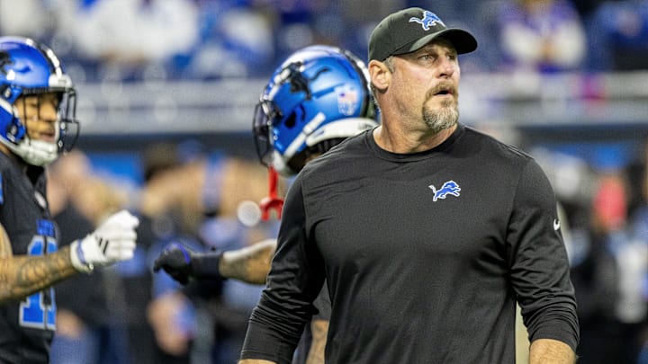 Dec 15, 2024; Detroit, Michigan, USA; Detroit Lions head coach Dan Campbell during warm ups before a game against the Buffalo Bills at Ford Field.
