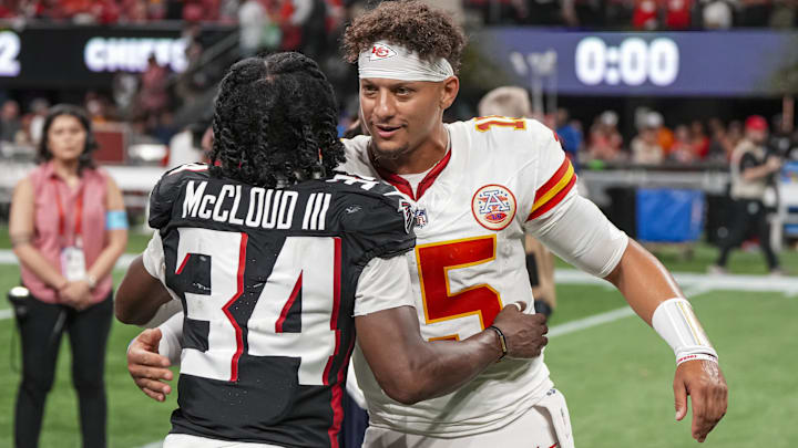 Sep 22, 2024; Atlanta, Georgia, USA; Kansas City Chiefs quarterback Patrick Mahomes (15) reacts with Atlanta Falcons wide receiver Ray-Ray McCloud III (34) after the Chiefs defeated the Atlanta Falcons at Mercedes-Benz Stadium. Mandatory Credit: Dale Zanine-Imagn Images Sep 22, 2024; Atlanta, Georgia, USA; Kansas City Chiefs quarterback Patrick Mahomes (15) reacts with Atlanta Falcons wide receiver Ray-Ray McCloud III (34) after the Chiefs defeated the Atlanta Falcons at Mercedes-Benz Stadium. Mandatory Credit: Dale Zanine-Imagn Images