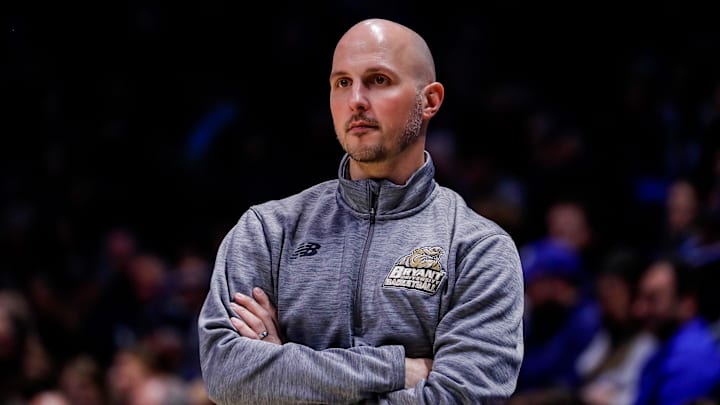 Nov 24, 2023; Cincinnati, Ohio, USA; Bryant Bulldogs head coach Phil Martelli Jr. during the second half against the Xavier Musketeers at Cintas Center. Mandatory Credit: Katie Stratman-Imagn Images Nov 24, 2023; Cincinnati, Ohio, USA; Bryant Bulldogs head coach Phil Martelli Jr. during the second half against the Xavier Musketeers at Cintas Center. Mandatory Credit: Katie Stratman-Imagn Images