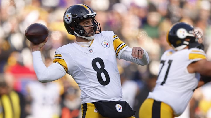Dec 7, 2025; Baltimore, Maryland, USA; Pittsburgh Steelers quarterback Aaron Rodgers (8) passes the ball against the Baltimore Ravens during the first half at M&T Bank Stadium. Mandatory Credit: Peter Casey-Imagn Images Dec 7, 2025; Baltimore, Maryland, USA; Pittsburgh Steelers quarterback Aaron Rodgers (8) passes the ball against the Baltimore Ravens during the first half at M&T Bank Stadium. Mandatory Credit: Peter Casey-Imagn Images