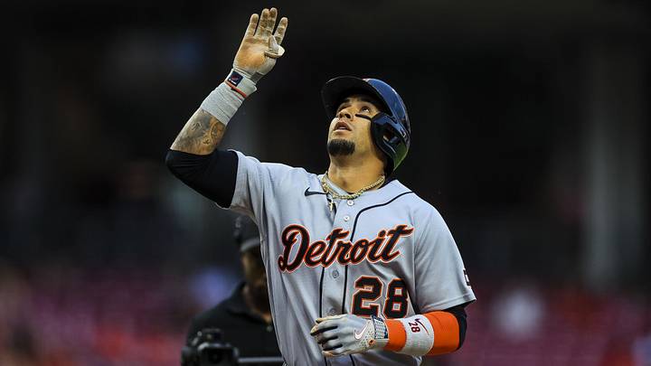Detroit Tigers shortstop Javier Baez (28) reacts after hitting a solo home run at Great American Ball Park. Detroit Tigers shortstop Javier Baez (28) reacts after hitting a solo home run at Great American Ball Park.