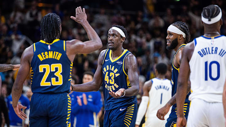 Nov 1, 2025; Indianapolis, Indiana, USA;  Indiana Pacers forward Pascal Siakam (43) celebrates a made shot in the second half against the Golden State Warriors  at Gainbridge Fieldhouse. Mandatory Credit: Trevor Ruszkowski-Imagn Images