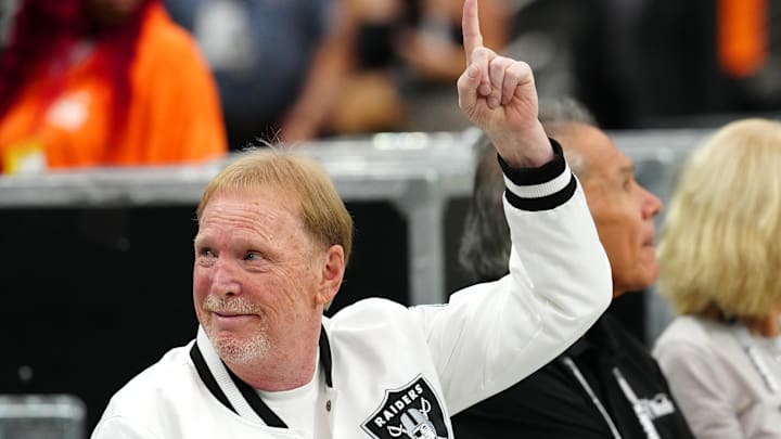 Sep 29, 2024; Paradise, Nevada, USA; Las Vegas Raiders owner Mark Davis acknowledges a fan before the start of a game between the Raiders and the Cleveland Browns at Allegiant Stadium. Mandatory Credit: Stephen R. Sylvanie-Imagn Images