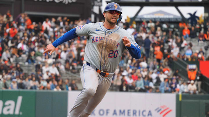 Apr 24, 2024; San Francisco, California, USA; New York Mets first baseman Pete Alonso (20) rounds third base for a run against the San Francisco Giants during the fifth inning at Oracle Park. Apr 24, 2024; San Francisco, California, USA; New York Mets first baseman Pete Alonso (20) rounds third base for a run against the San Francisco Giants during the fifth inning at Oracle Park.