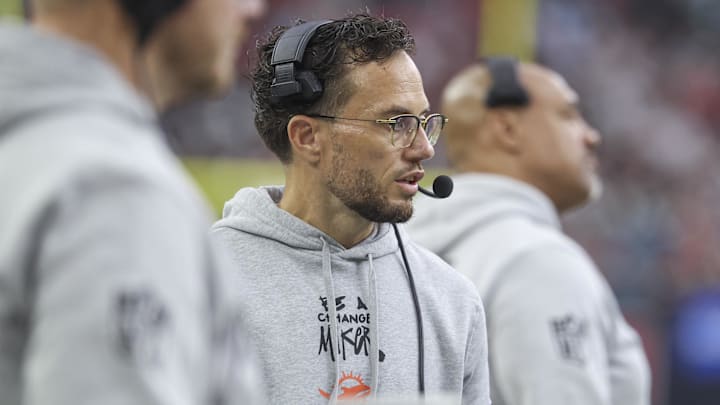 Miami Dolphins head coach Mike McDaniel looks on during the first half against the Houston Texans at NRG Stadium.