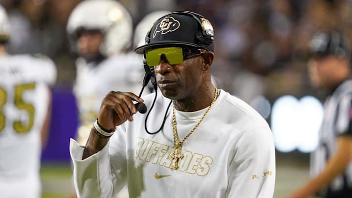 Oct 4, 2025; Fort Worth, Texas, USA; Colorado Buffaloes head coach Deion Sanders on the sidelines during the first half against the TCU Horned Frogs at Amon G. Carter Stadium.