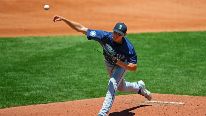 Jun 9, 2024; Kansas City, Missouri, USA; Seattle Mariners starting pitcher George Kirby (68) pitches during the third inning against the Kansas City Royals at Kauffman Stadium. Jun 9, 2024; Kansas City, Missouri, USA; Seattle Mariners starting pitcher George Kirby (68) pitches during the third inning against the Kansas City Royals at Kauffman Stadium.