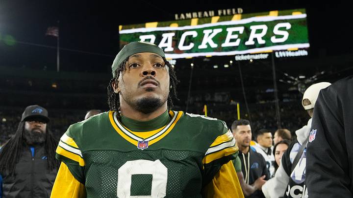 Oct 29, 2026; Green Bay, Wisconsin, USA;  Green Bay Packers running back Josh Jacobs (8) reacts after the game against the Carolina Panthers at Lambeau Field.  Mandatory Credit: Jeff Hanisch-Imagn Images