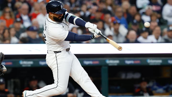 Sep 6, 2025; Detroit, Michigan, USA;  Detroit Tigers second base Gleyber Torres (25) hits a three run home run in the fourth inning against the Chicago White Sox at Comerica Park. Mandatory Credit: Rick Osentoski-Imagn Images