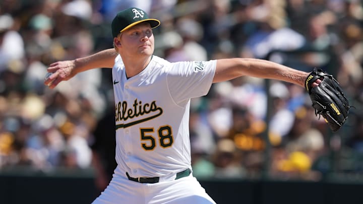 Apr 9, 2025; West Sacramento, California, USA; Athletics pitcher Noah Murdock (58) throws a pitch against the San Diego Padres during the seventh inning at Sutter Health Park. Mandatory Credit: Darren Yamashita-Imagn Images