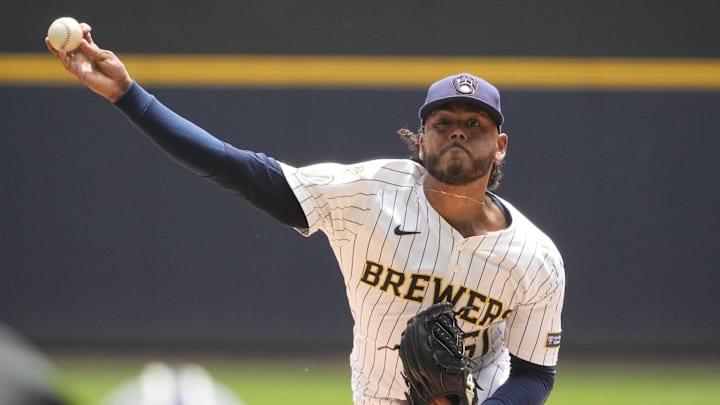Jun 8, 2025; Milwaukee, Wisconsin, USA; Milwaukee Brewers pitcher Freddy Peralta (51) delivers a pitch against the San Diego Padres in the first inning at American Family Field. Mandatory Credit: Michael McLoone-Imagn Images