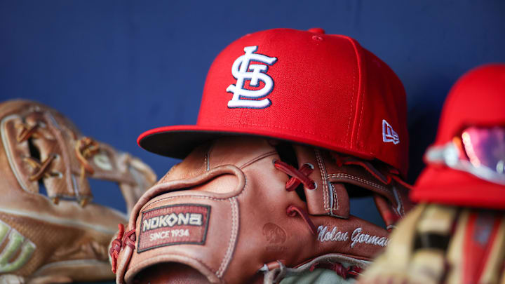 Sep 5, 2023; Atlanta, Georgia, USA; A detailed view of the hat and glove of St. Louis Cardinals second baseman Nolan Gorman (not pictured) before a game against the Atlanta Braves at Truist Park. Mandatory Credit: Brett Davis-Imagn Images