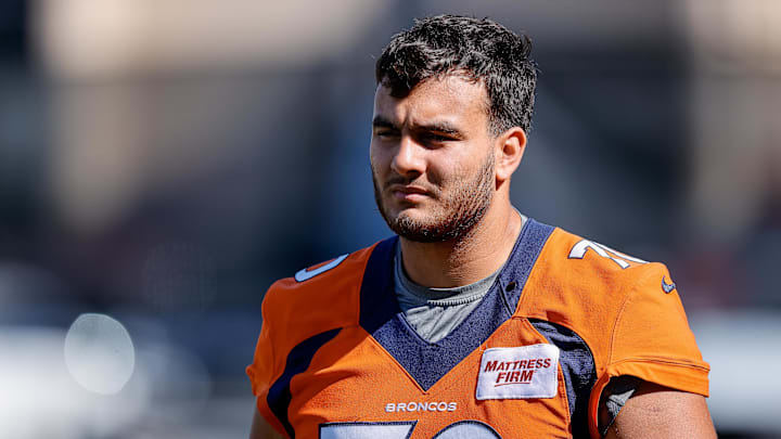Aug 5, 2022; Englewood, CO, USA; Denver Broncos tackle Sebastian Gutierrez (70) during training camp at the UCHealth Training Center. Mandatory Credit: Isaiah J. Downing-Imagn Images