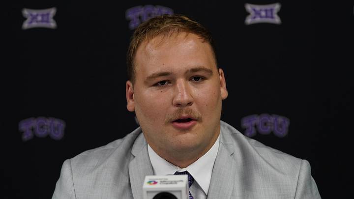 Jul 9, 2025; Frisco, TX, USA; TCU offensive lineman Coltin Deery speaks with the media during 2025 Big 12 Football Media Days at The Star. Mandatory Credit: Raymond Carlin III-Imagn Images