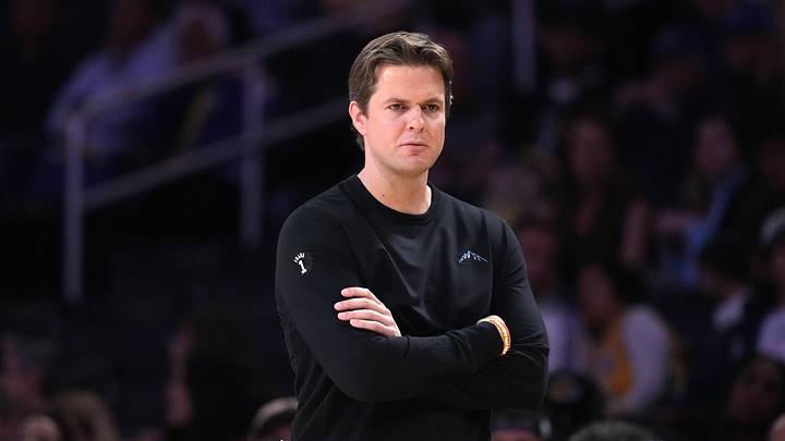 Apr 12, 2026; Los Angeles, California; Utah Jazz head coach Will Hardy watches against the Los Angeles Lakers at the Crypto.com Arena. Mandatory Credit: Kirby Lee-Imagn Images