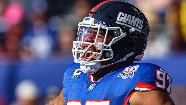 Nov 3, 2024; East Rutherford, New Jersey, USA; New York Giants defensive tackle Dexter Lawrence II (97) reacts during introductions before the game against the Washington Commanders at MetLife Stadium.
