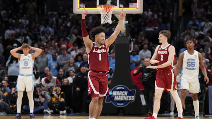 Mar 28, 2024; Los Angeles, CA, USA; Alabama Crimson Tide guard Mark Sears (1) celebrates after defeating the North Carolina Tar Heels in the semifinals of the West Regional of the 2024 NCAA Tournament at Crypto.com Arena. Mandatory Credit: Kirby Lee-USA TODAY Sports