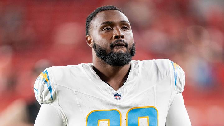 August 23, 2025; Santa Clara, California, USA; Los Angeles Chargers defensive tackle Jamaree Caldwell (99) after the game against the San Francisco 49ers at Levi's Stadium. Mandatory Credit: Kyle Terada-Imagn Images