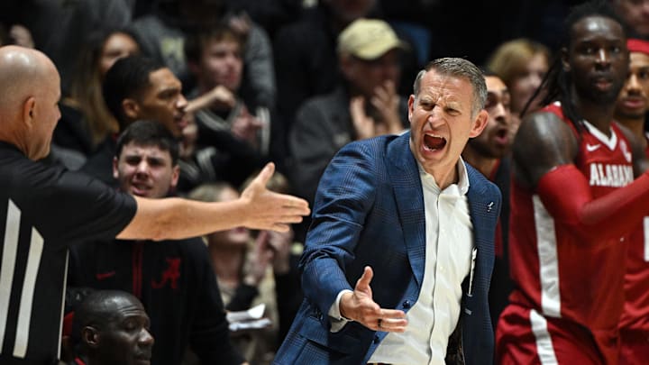 Nov 15, 2024; West Lafayette, Indiana, USA; Alabama Crimson Tide head coach Nate Oats reacts to a call during the second half against the Purdue Boilermakers at Mackey Arena. Mandatory Credit: Marc Lebryk-Imagn Images