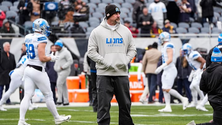 Detroit Lions head coach Dan Campbell watches warm up before the game between Chicago Bears and Detroit Lions at Soldier Field in Chicago, Ill. on Sunday, Dec. 22, 2024.