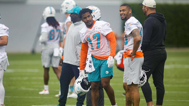 Miami Dolphins wide receiver Freddie Swain (88) and wide receiver Jaylen Waddle (17) look on during mandatory minicamp at the Baptist Health Training Complex. Miami Dolphins wide receiver Freddie Swain (88) and wide receiver Jaylen Waddle (17) look on during mandatory minicamp at the Baptist Health Training Complex.