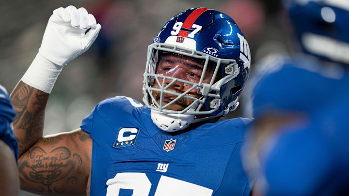 New York Giants defensive tackle Dexter Lawrence (97) gestures during a Thursday Night Football game between the New York Giants and the Philadelphia Eagles at MetLife Stadium in East Rutherford on Oct. 9, 2025.