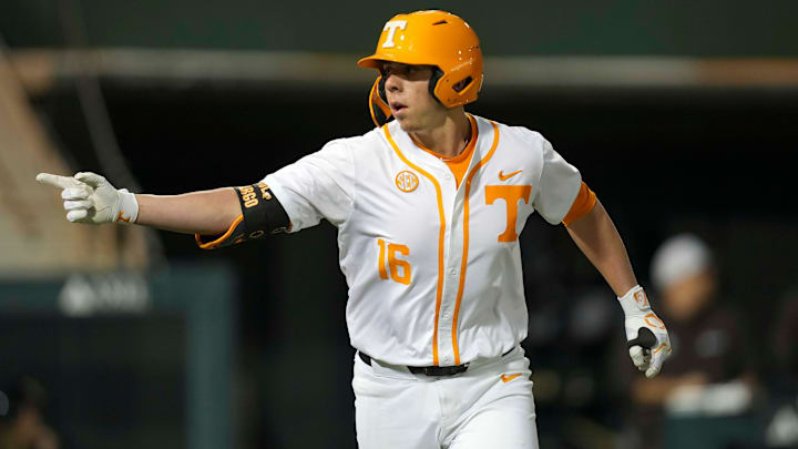 Tennessee utility Dalton Bargo (16) points to the dugout after hitting a home run during a NCAA baseball game between Tennessee and St. Bonaventure at Lindsey Nelson Stadium on Friday, March 6, 2025. Tennessee utility Dalton Bargo (16) points to the dugout after hitting a home run during a NCAA baseball game between Tennessee and St. Bonaventure at Lindsey Nelson Stadium on Friday, March 6, 2025.