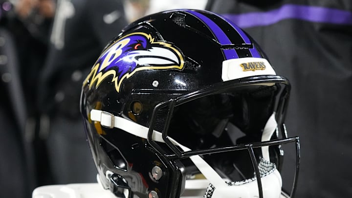 Dec 27, 2025; Green Bay, Wisconsin, USA;  General view of a Baltimore Ravens helmet during the game against the Green Bay Packers at Lambeau Field. Mandatory Credit: Jeff Hanisch-Imagn Images