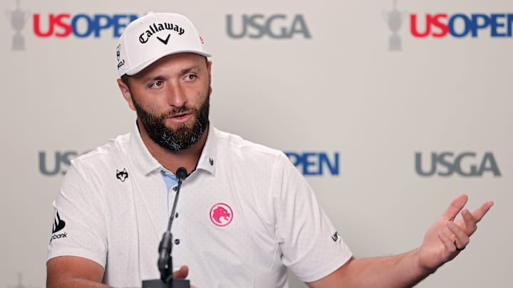 Jon Rahm speaks at a press conference ahead of the 2025 U.S. Open at Oakmont Country Club