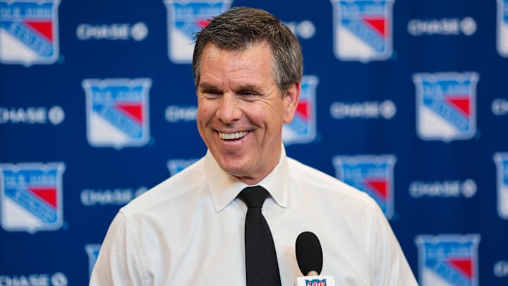 Apr 5, 2026; New York, New York, USA; New York Rangers head coach Mike Sullivan speaks to reporters after an 8-1 win against the Washington Capitals at Madison Square Garden. Mandatory Credit: Danny Wild-Imagn Images