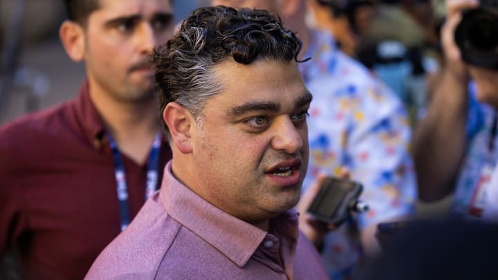 Nov 7, 2023; Scottsdale, AZ, USA; Los Angeles Angels general manager Perry Minasian speaks to the