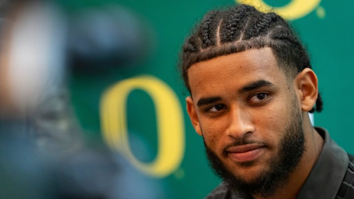 Oregon quarterback Dante Moore speaks with reporters during Oregon football’s Media Day on July 28, 2025, at Autzen Stadium in Eugene.
