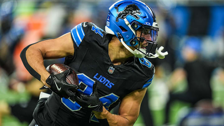 Detroit Lions tight end Shane Zylstra (84) catches a pass during warmups at Ford Field in Detroit on Sunday, Dec. 15, 2024.