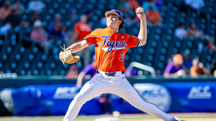 May 24, 2024; Charlotte, NC, USA; Clemson Tigers pitcher Jacob McGovern (31) starts off the sixth inning against the Louisville Cardinals during the ACC Baseball Tournament at Truist Field. Mandatory Credit: Scott Kinser-USA TODAY Sports