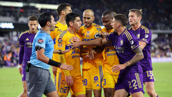 Mar 15, 2023; Orlando, FL, USA;   Tigres UANL defender Jesus Angulo (27) and Orlando City SC forward