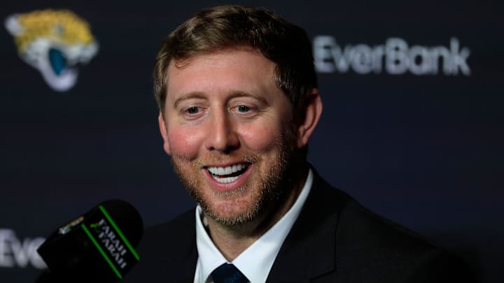 Liam Coen answers media questions after speaking and being introduced as the new Jacksonville Jaguars head coach during a press conference Monday, Jan. 27, 2025 at the Miller Electric Center in Jacksonville, Fla. [Corey Perrine/Florida Times-Union]