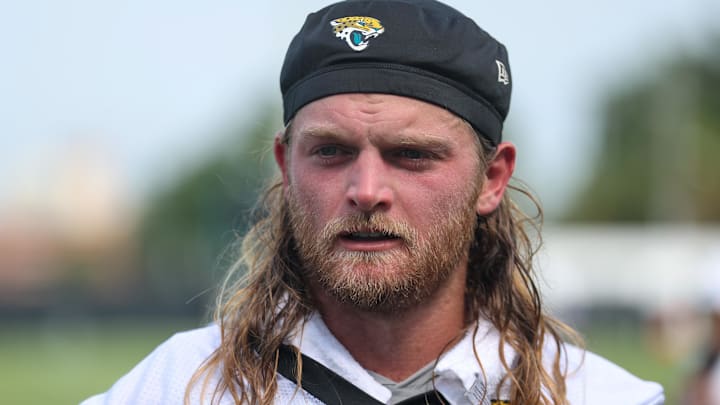 Jul 23, 2025; Jacksonville, FL, USA; Jacksonville Jaguars safety Andrew Wingard (42) looks on after training camp at Miller Electric Center. Mandatory Credit: Nathan Ray Seebeck-Imagn Images