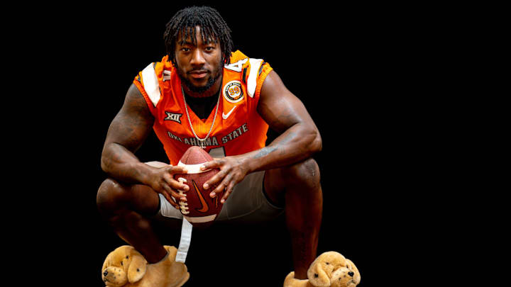 Nick Martin (4) is pictured during the Oklahoma State football media day in Stillwater, Okla., on Saturday, Aug. 3, 2024.