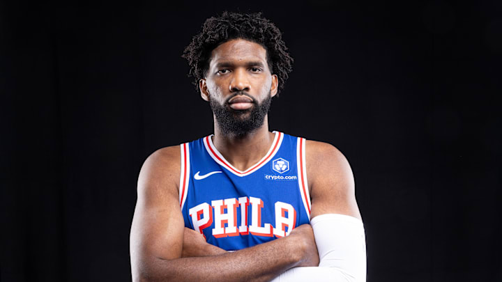 Sep 26, 2025; Camden, NJ, USA; Philadelphia 76ers Joel Embiid poses for a photo during media day. Mandatory Credit: Bill Streicher-Imagn Images Sep 26, 2025; Camden, NJ, USA; Philadelphia 76ers Joel Embiid poses for a photo during media day. Mandatory Credit: Bill Streicher-Imagn Images