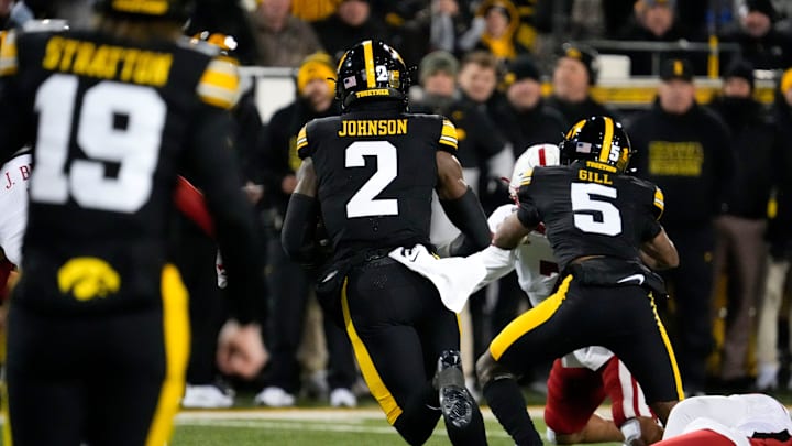 Iowa Hawkeyes running back Kaleb Johnson (2) carries the ball against the Nebraska Cornhuskers Friday, Nov. 29, 2024 at Kinnick Stadium in Iowa City, Iowa. Iowa Hawkeyes running back Kaleb Johnson (2) carries the ball against the Nebraska Cornhuskers Friday, Nov. 29, 2024 at Kinnick Stadium in Iowa City, Iowa.
