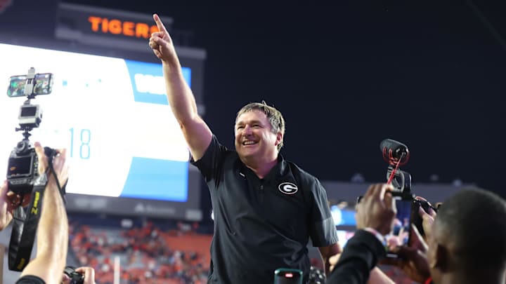 Oct 11, 2025; Auburn, Alabama, USA; Georgia Bulldogs head coach Kirby Smart celebrates after the Bulldogs beat the Auburn Tigers at Jordan-Hare Stadium. Mandatory Credit: John Reed-Imagn Images Oct 11, 2025; Auburn, Alabama, USA; Georgia Bulldogs head coach Kirby Smart celebrates after the Bulldogs beat the Auburn Tigers at Jordan-Hare Stadium. Mandatory Credit: John Reed-Imagn Images