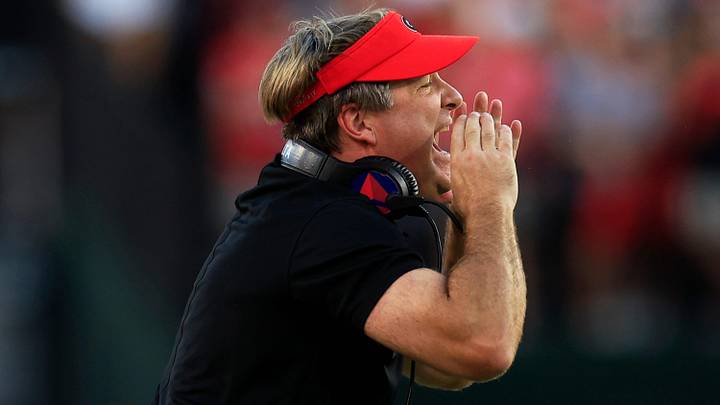 Georgia Bulldogs head coach Kirby Smart yells from the sideline during the third quarter of an NCAA football game Saturday, Oct. 28, 2023 at EverBank Stadium in Jacksonville, Fla. Georgia defeated Florida 43-20. [Corey Perrine/Florida Times-Union]
