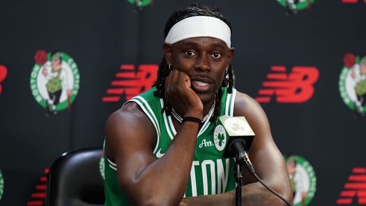 Sep 24, 2024; Boston, MA, USA;  Boston Celtics guard Jrue Holiday (4) talks to reporters during media day at Auerbach Center. Mandatory Credit: David Butler II-Imagn Images