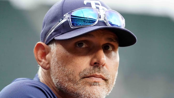 Sep 25, 2025; Baltimore, Maryland, USA; Tampa Bay Rays manager Kevin Cash (16) watches the game in the first inning against the Baltimore Orioles at Oriole Park at Camden Yards. 