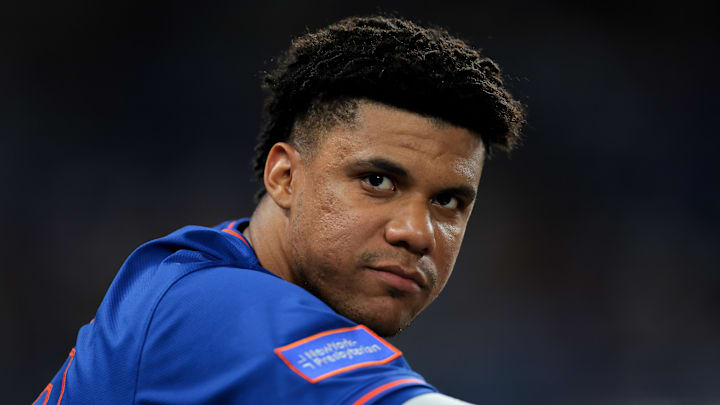Apr 1, 2025; Miami, Florida, USA; New York Mets right fielder Juan Soto (22) looks on from the dugout against the Miami Marlins during the seventh inning at loanDepot Park. Mandatory Credit: Sam Navarro-Imagn Images